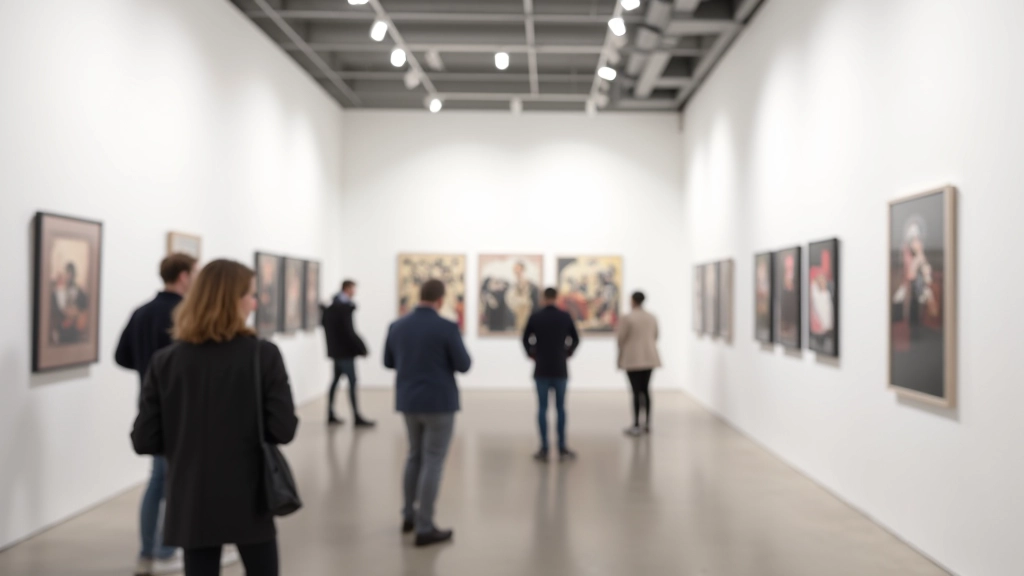 Interno di galleria d'arte con opere contemporanee esposte, visitatori che osservano quadri e installazioni, pareti bianche e illuminazione professionale