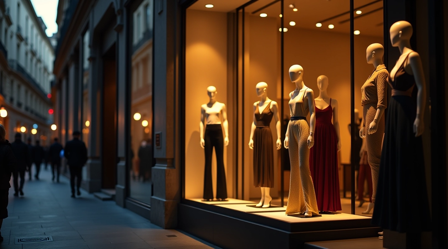 Vetrine illuminate del distretto della moda milanese con manichini in eleganti abiti contemporanei