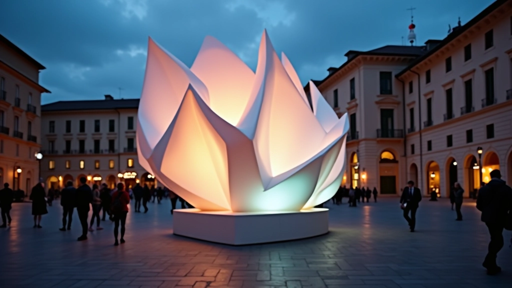Installazione artistica luminosa in una piazza di Milano con architettura storica sullo sfondo