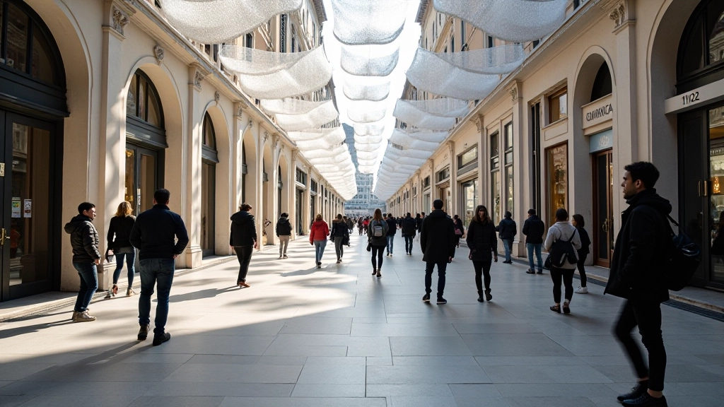 Installazione di design interattiva in uno spazio pubblico di Milano con visitatori che esplorano