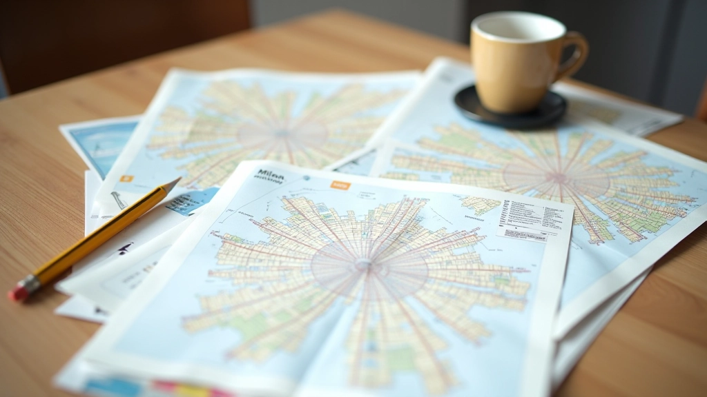Mappe cartacee di Milano sparse su un tavolo con una matita, insieme a una guida turistica e un caffè, pianificazione di itinerari