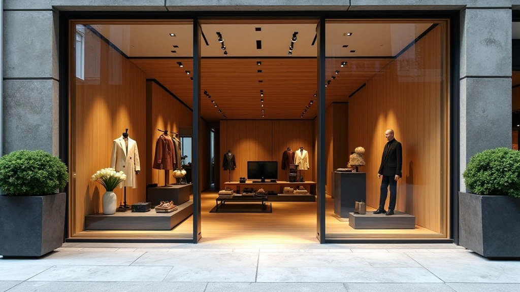 Facciata moderna di boutique di lusso con vetrate ampie, materiali naturali e design contemporaneo nel distretto della moda