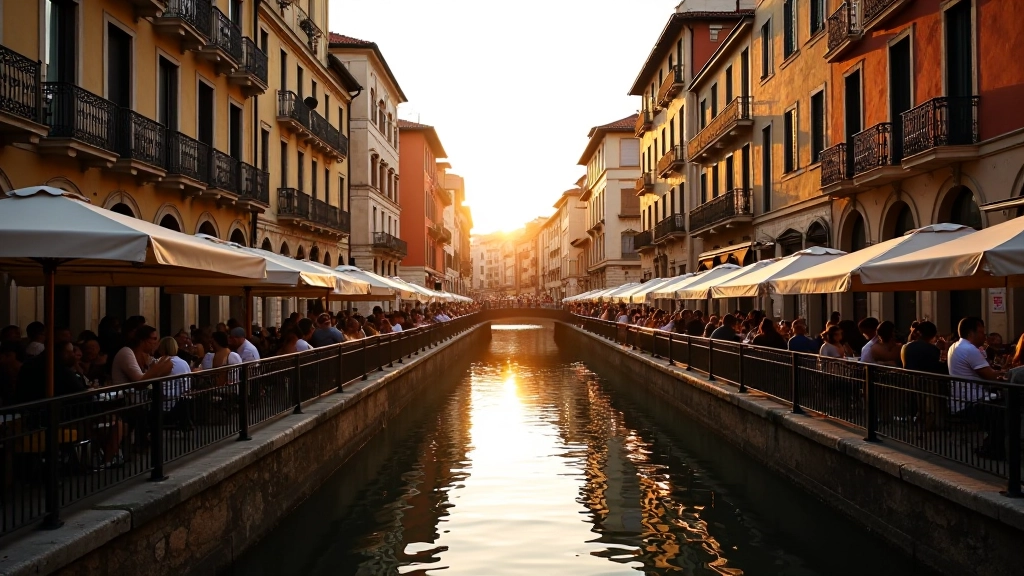Strada pittoresca del Naviglio Grande con edifici storici, ristorantini all'aperto, persone che passeggiano lungo il canale al tramonto
