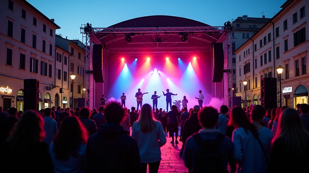 Palco allestito in piazza con attrezzatura audio professionale, folla di spettatori che assistono a uno spettacolo musicale, luci colorate e setup per concerto